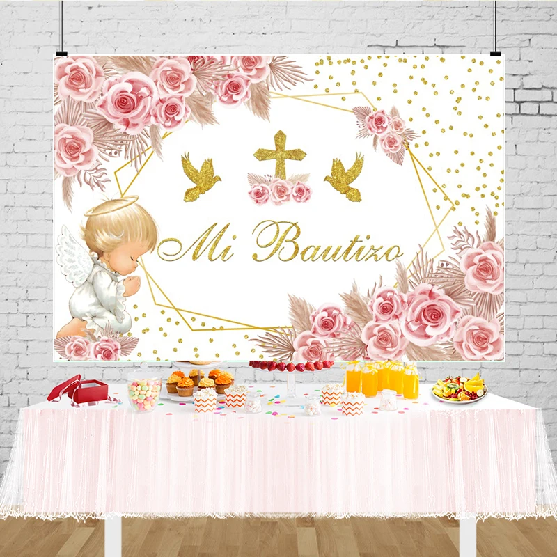 Il mio fondale per il battesimo Pampas Flower Wall God Bless You for Boy Girl Angel Decorazioni per il battesimo Sfondo fotografico della Boemia