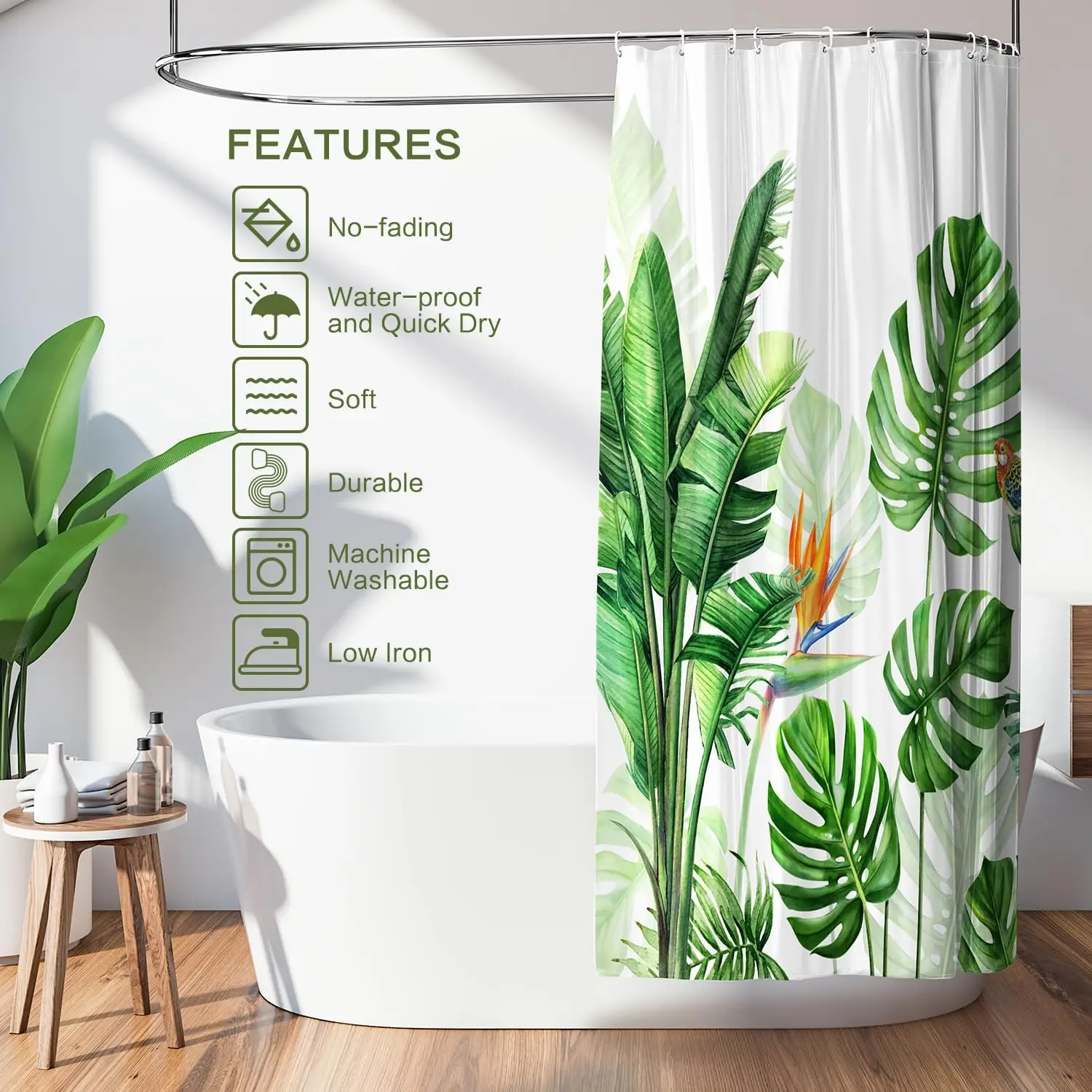Tropical Plants Shower Curtain, Summer Shower Curtain Green Monstera Leaf with Bird, Polyester Fabric Waterproof showercurtain S