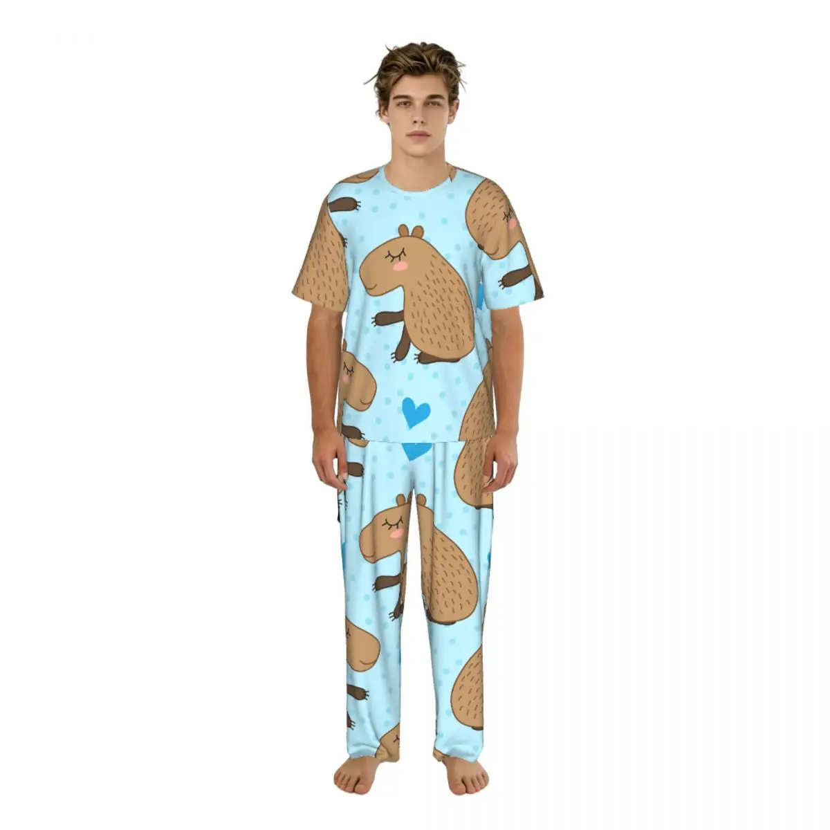 

Мужские повседневные пижамные комплекты: футболка с коротким рукавом и брюки, мужская одежда для сна с милым принтом капибары и сердечек, домашняя одежда