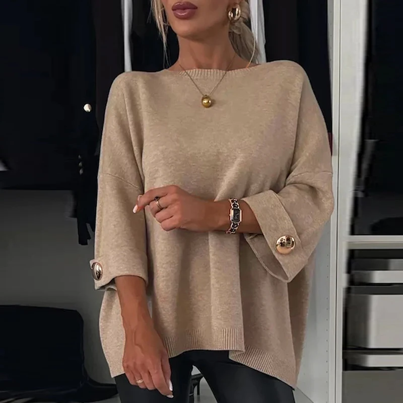 Vrouwen Causale Lange Mouw Effen Kleur Jumper Tops 2024 Winter Mode Knop Losse Trui Herfst Elegante O-hals Gebreide Trui