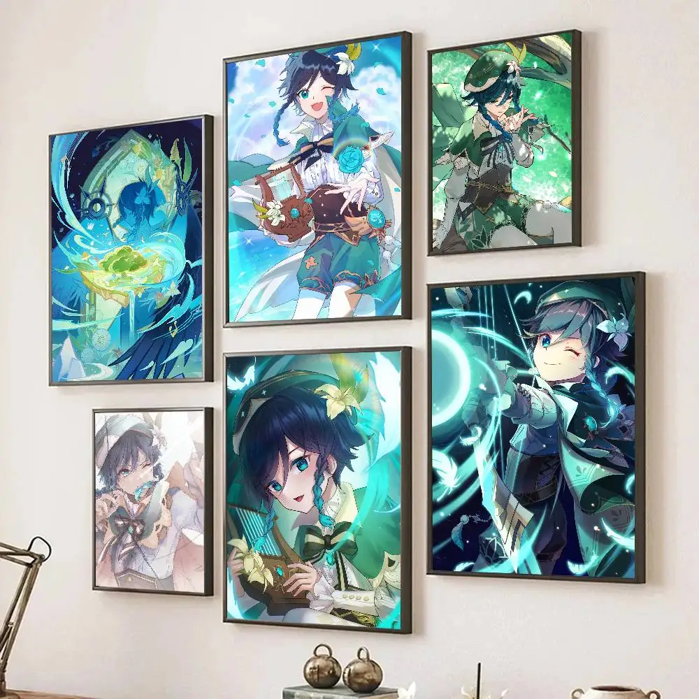 Genshin Impact Charakter Venti Poster Selbstklebende Kunst für Zimmer, Eingang, Restaurant, Wanddekoration, Kunstgemälde