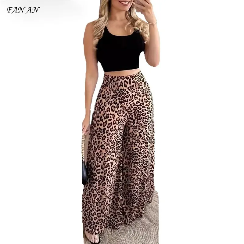 

2024 Women's Summer Early Autumn Casual Fashion Print Off Waist Tank Top Leopard Pattern High Waist Wide Leg Pants Two Piece Set