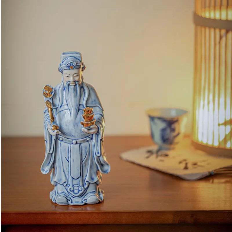 Jingdezhen Ceramic Decorative Craft foyer miniature items Home Blue and White God of Wealth Opening Relocation Display ornaments