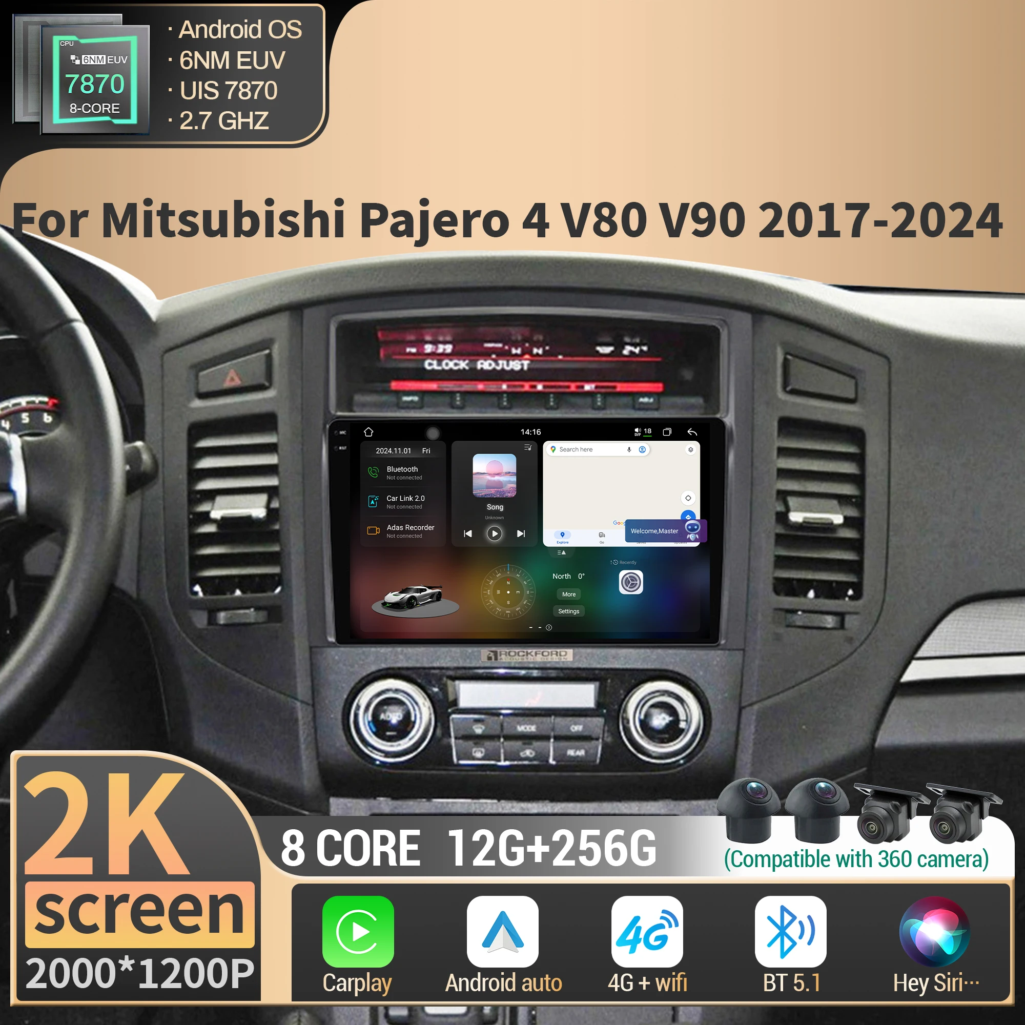 

For Mitsubishi Pajero 4 V80 V90 2017-2024 Car Radio Multimedia Wireless BT Carplay 4G GPS CPU 7870 Android 2K QLED Screen