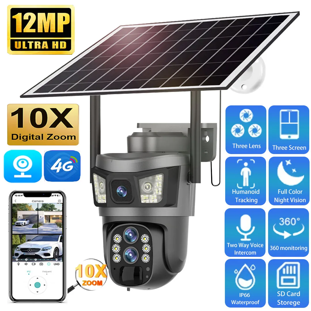 

4G Sim Solar Outdoor Camera 6K 12MP 10X Zoom Surveillance Wireless Three Screen 360 PTZ Security Cameras CCTV Video V380 Cam