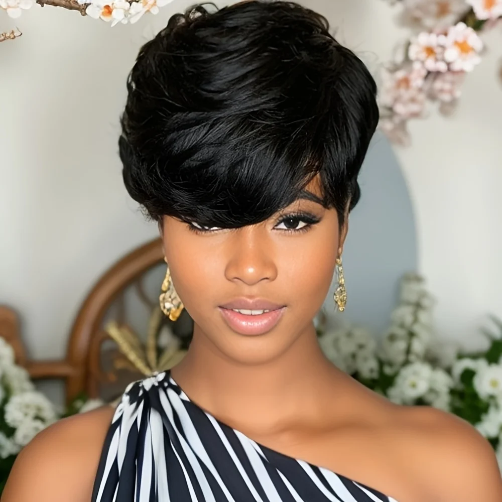 짧은 인모 가발 픽시 컷 웨이브 가발 여성용 레이어드 풀 머신 제작 가발