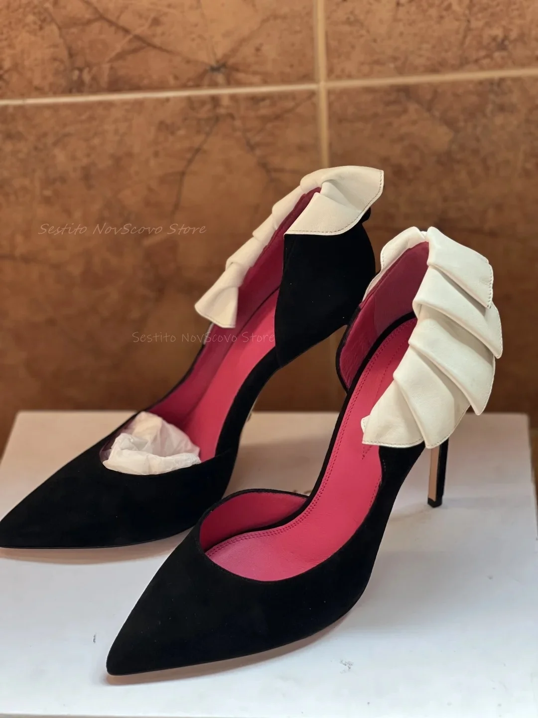 

Pointed Toe Back Ruffled Sandals Side Cutouts High Heels Pumps Summer Sexy Ladies Mixed Color Dress Elegant Daily Casual Shoes