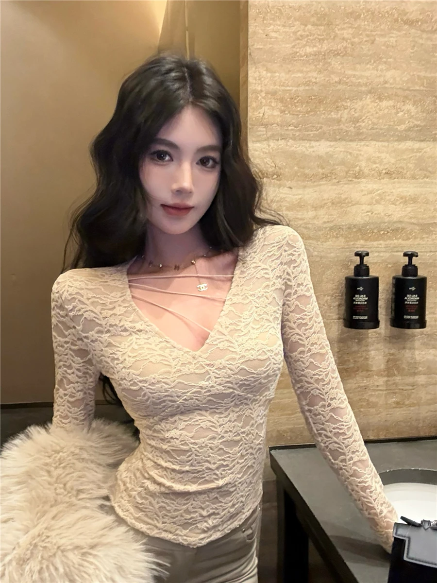 

Sexy V-neck Slim Hollow Out Lace Tops Korean Fashion Long Sleeve Bottoming Shirt 2025 Autumn Winter Women Blouse