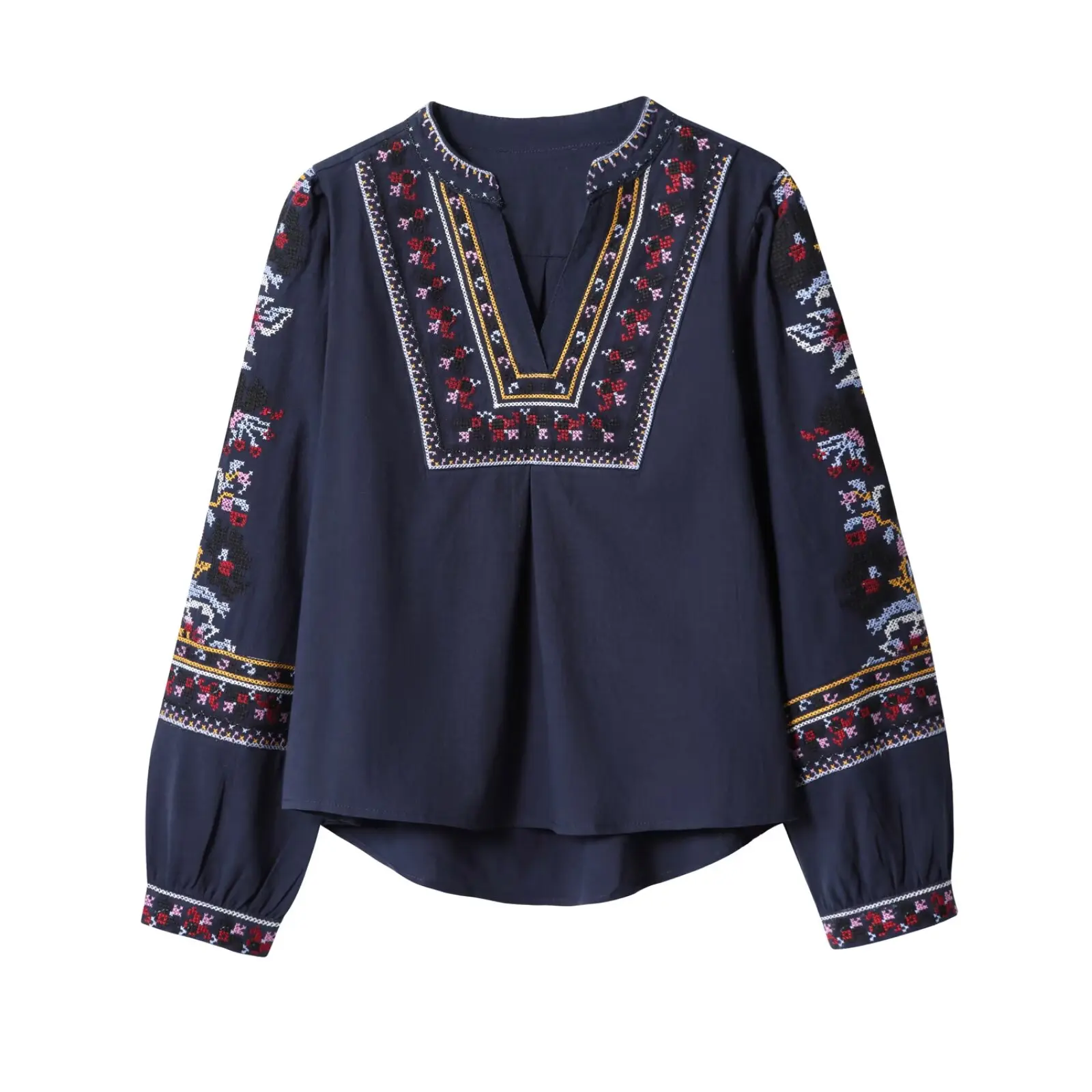 Autumn Ethnic V Neck Embroidery Flower Totem Pullover Shirt Women Full Sleeve Loose Blouses BOHO Tops Beige Navy