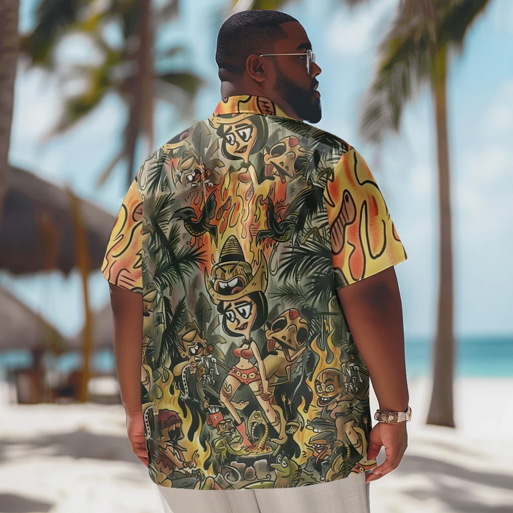 New Hawaiian Shirt Men Goth Men Cartoon Jungle Caveman Printed Casual Short Sleeve Tops Vintage Plus Size Summer Shirts