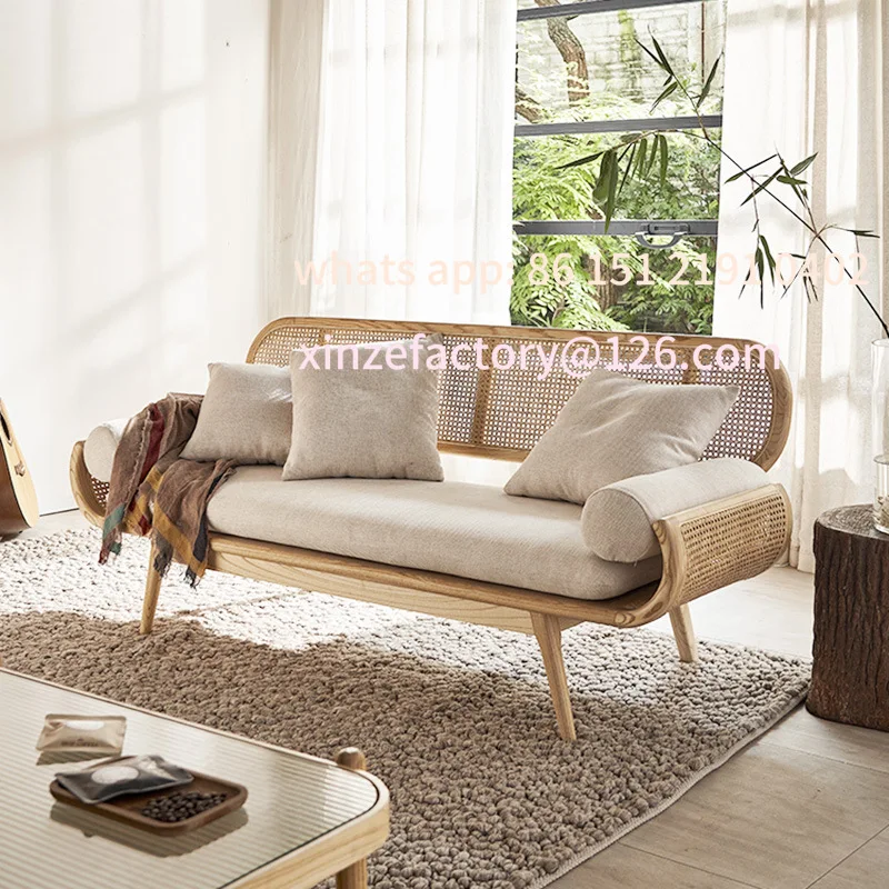 

Customizable Solid Wood Rattan Triple South Homestay Rattan Living Room Balcony Rattan Chair Sofa Double Leisure Sofa