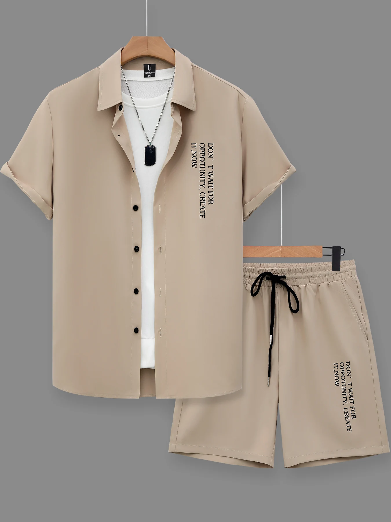 

Khaki Letter Print Short Sleeve Set, Men's Casual Two-Piece Outfit