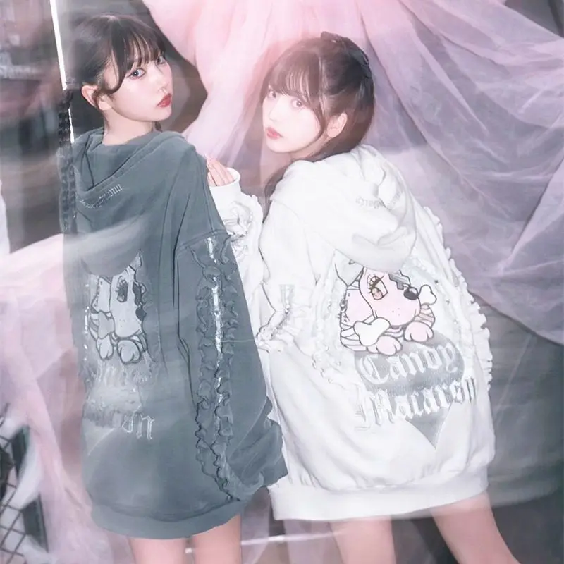 Spring Autumn Subculture Y2K Hooded Coat Women Rhinestone Heavily Embellished Sweatshirt Harajuku Punk Coat Jacket Jirai Kei
