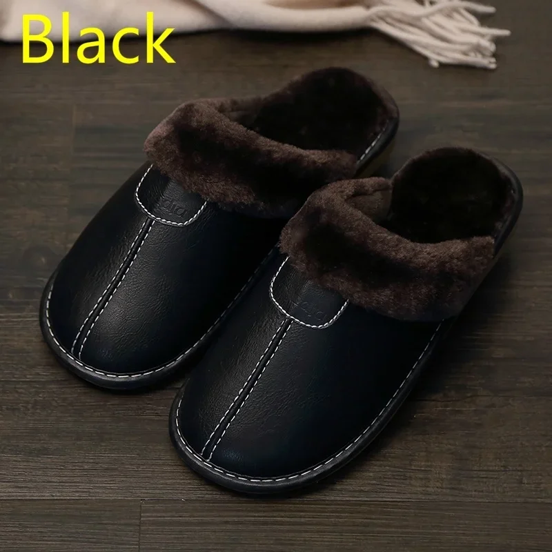 Men Slippers Black New Winter PU Leather Slippers Warm Indoor Slipper Waterproof Home House Shoes Men Warm Leather Slippers