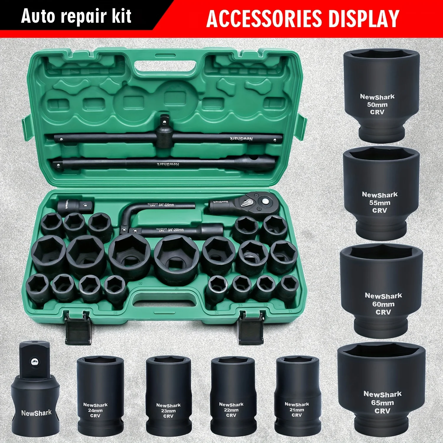 

26pcs Jumbo Impact Socket Sets, Metric Size (21-65mm), 3/4" Drive Impact Socket Set, Cr-V, Includes 3/4 Inch To 1 Inch Adapter, 6 Point, Extension Bar And Portable Storage Case, Marine Tools