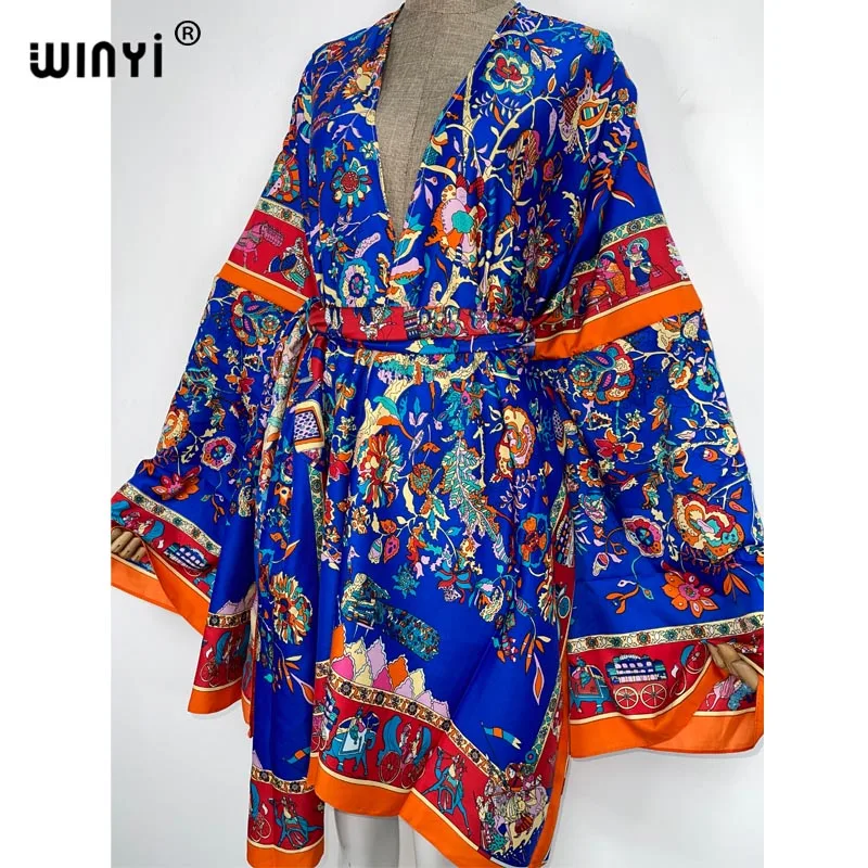 2022 WINYI Women beach swimsuit Cardigan Long Dress cover up Party Bohemia African blog Holiday long Sleeve Summer kimono Robe