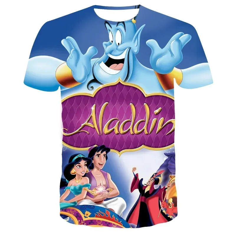 2024 Summer Disney Anime Aladdin 3D Print T-shirt Children Casual Clothing Cartoon Graphic T-Shirt Kids Street Tops Tees