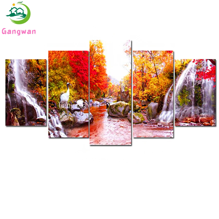 5D natural landscape Diamond Painting autumn waterfall Full Square/Round Diamond Embroidery red tree Home Decor Mosaic 5 pcs set