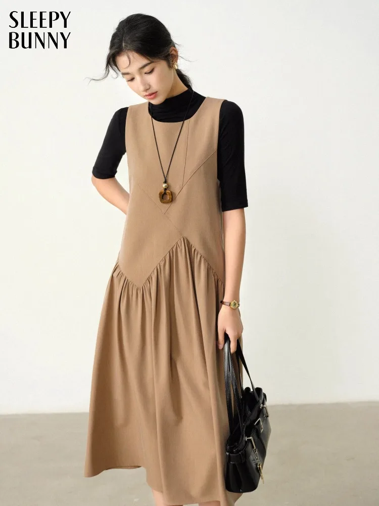 

Elegant Vintage Loose Sleeveless Vest Dress Autumn A-Line Midi Sundress High Waist Design Women Office Casual Commuting Outfit