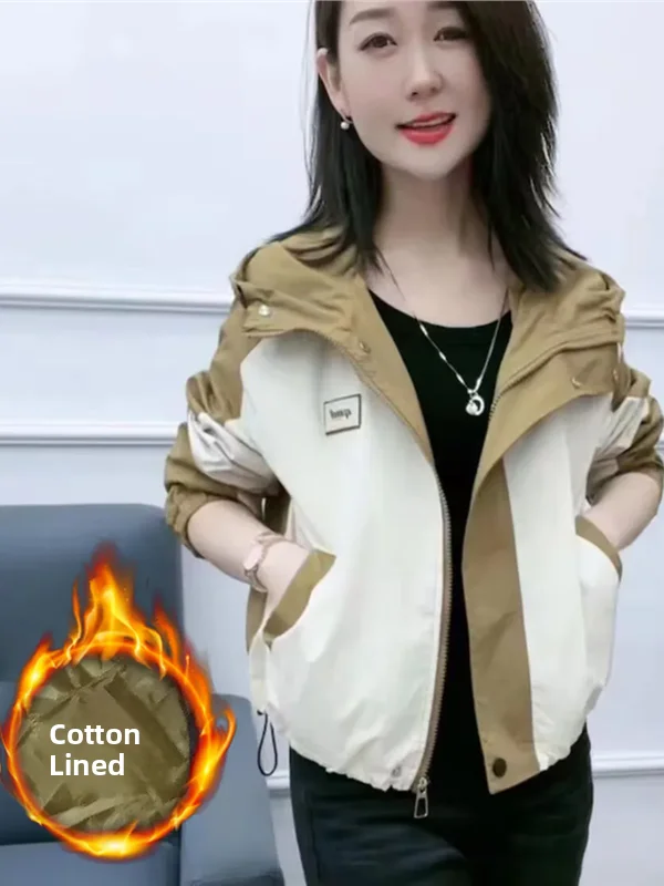 

Thickened Autumn Winter Jacket Women's Style Casual Loose Fit with Hat Color Block Inner Sleeve Cotton Short Coat