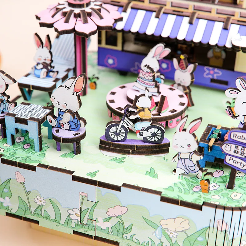 Boîte à musique lapin en bois 3D, bricolage, fête d'anniversaire, Kits de modèles miniatures, puzzle pouvant bouger pour amis, cadeaux, décoration de la maison