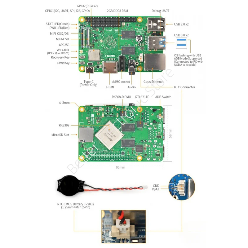 TopElec NanoPi M4B Development Board - RK3399 Dual Camera Support with 2GB RAM, PCIe Expansion & 4K Android Playback​