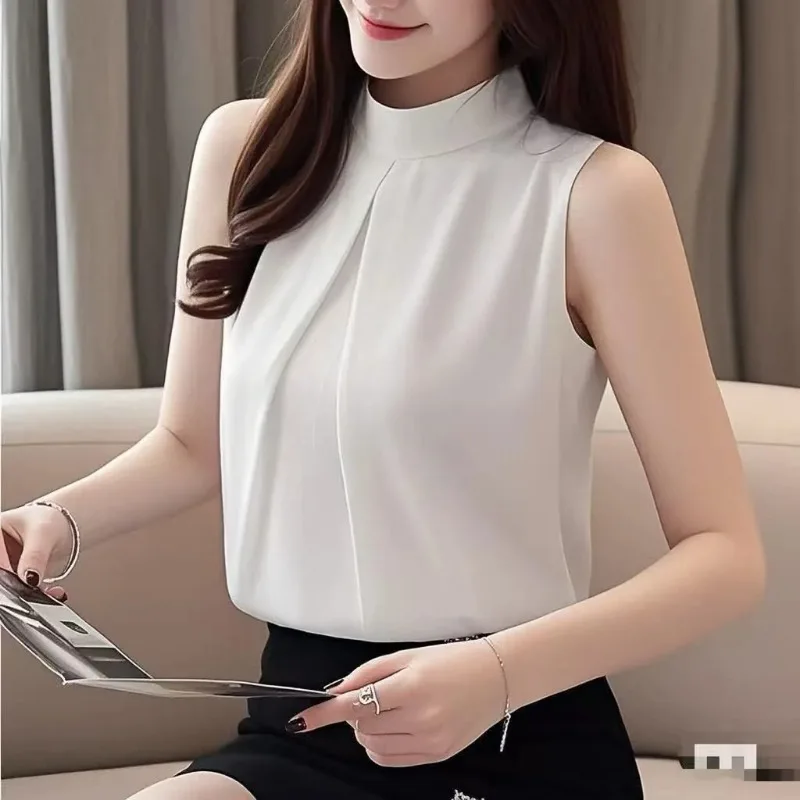 Style Women Summer Sleeveless Satin Blouse Stand Collar Loose Slim Elegant Top