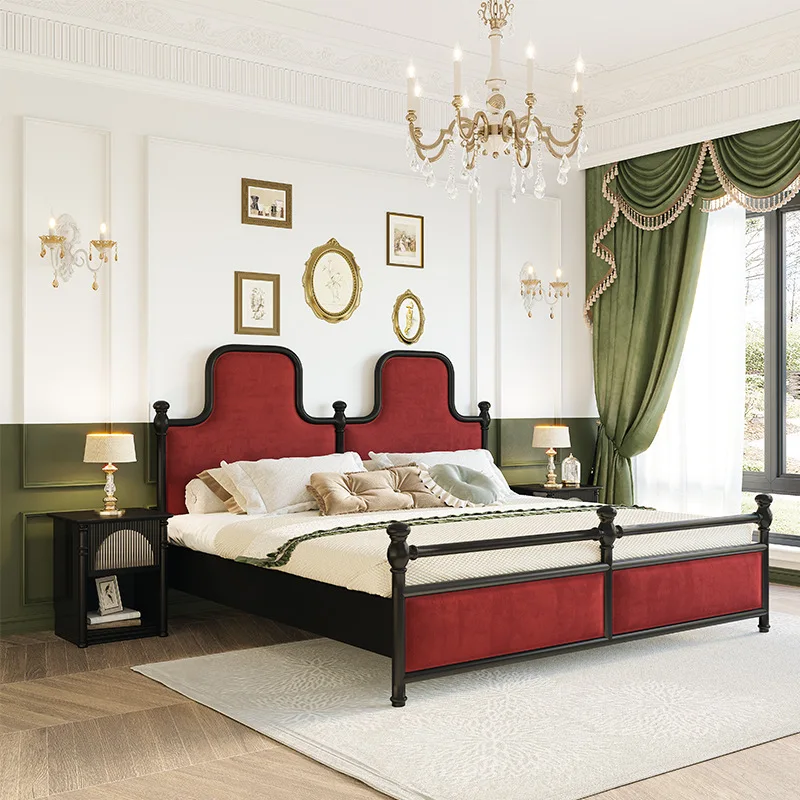 

French retro old Paris double bed black solid wood soft bag bed high back villa master bedroom American Roman column