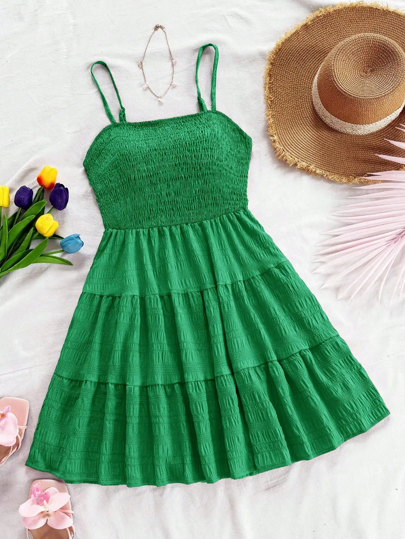 

Green Tiered Ruffle Hem Spaghetti Strap Summer Dress for Women