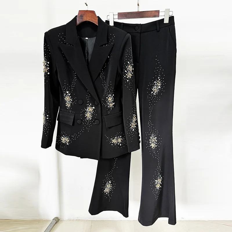 GIOIO luxuru sets for women 2 piece outwear embroideried flares lapel long sleeve blazer jacket coat straight bell maxi pants