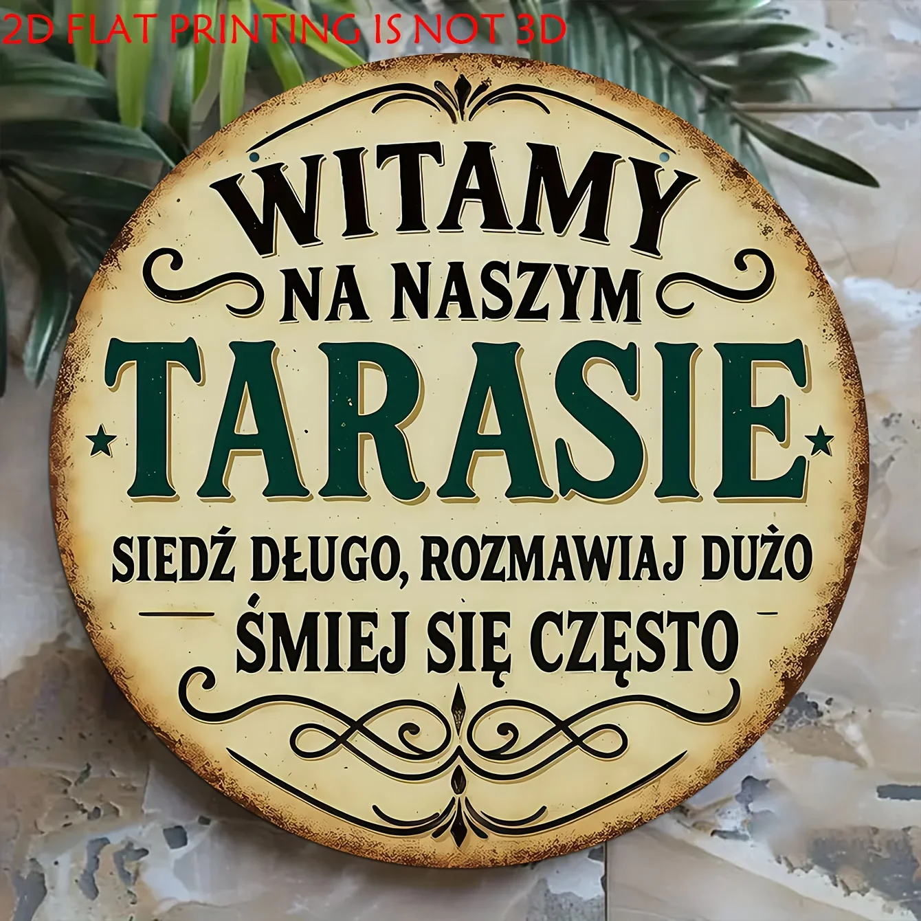 2D Flat, A 2D Flat Printed Vintage Polish Welcome Sign - Rustic Round Plaque with Polish Text, Faux Wood Indoor/Outdoor Decor