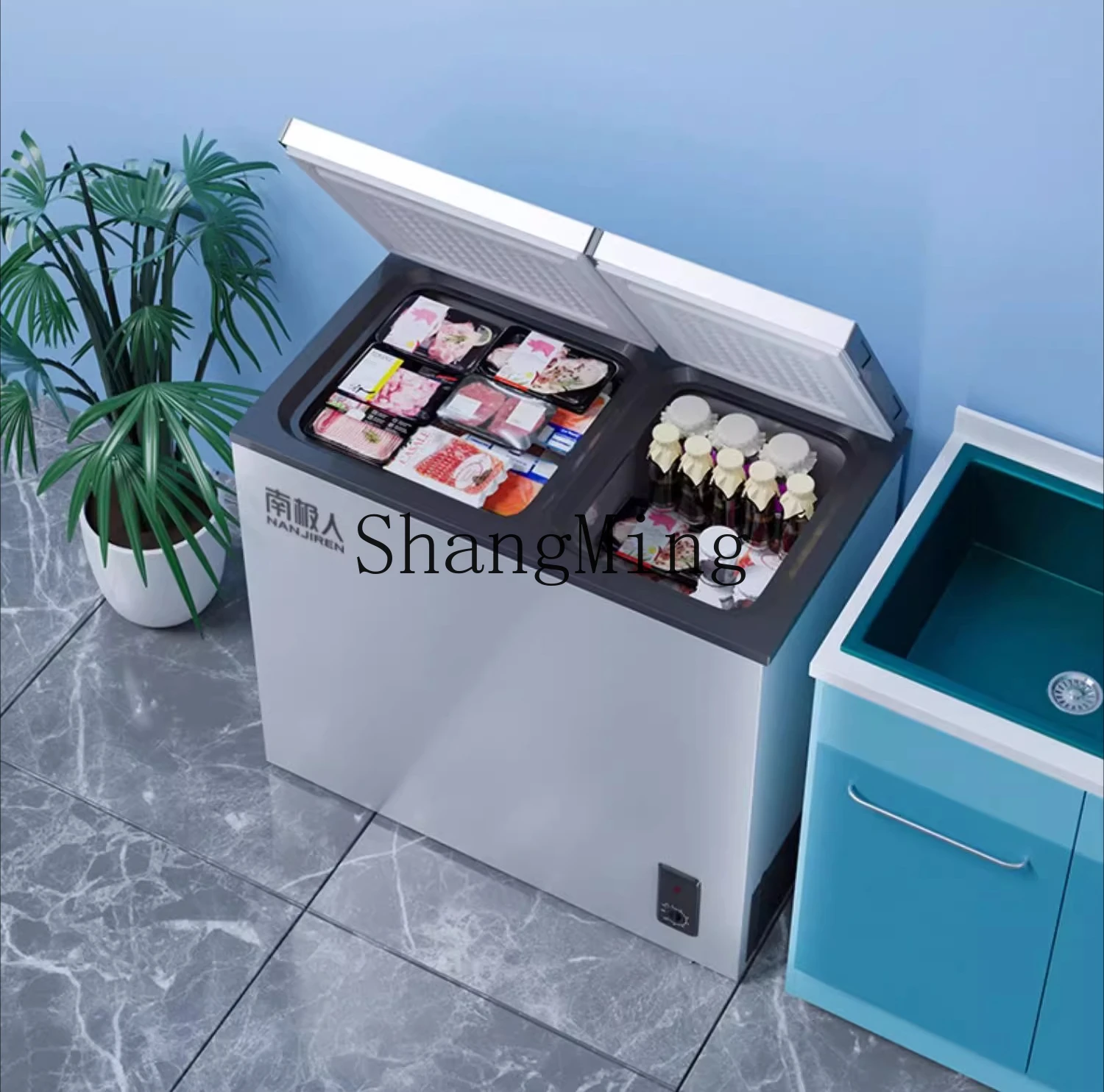 ZYY فريزر بدرجة حرارة مزدوجة منزلية صغيرة بباب مزدوج مجمدة لحفظ الطعام الطازج وموفر للطاقة