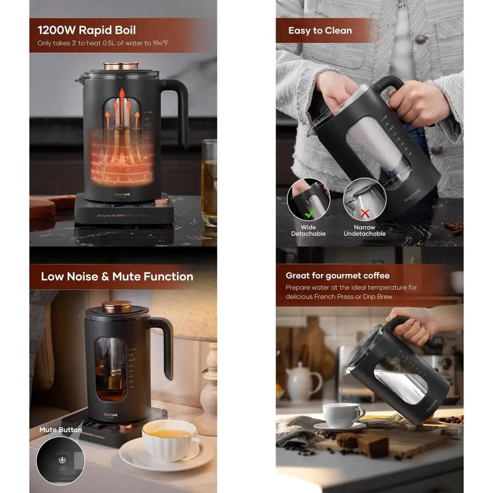 

Glass Electric Kettle with Tea Infuser, Precise Temperature Control, 1200W Fast Boil, BPA-Free, Easy Clean, 1L for Tea and Coffe