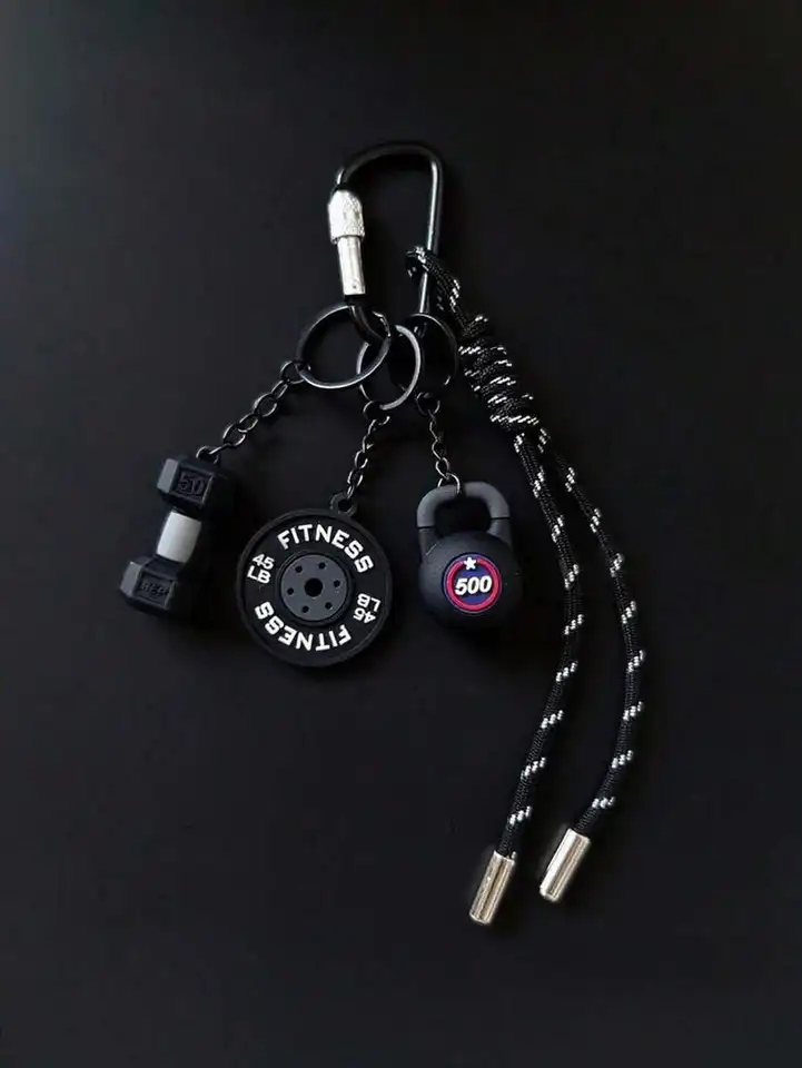 Fitness Themed Keychain with Kettlebell and Dumbbell Charm