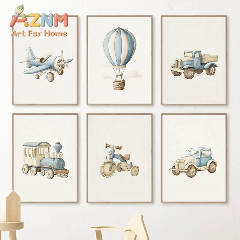 Hot Air Balloon Plane Tractor Train Car Wall Art Nordic Posters Painting Cartoon Pictures For Baby Kids Room Decor Canvas Prints