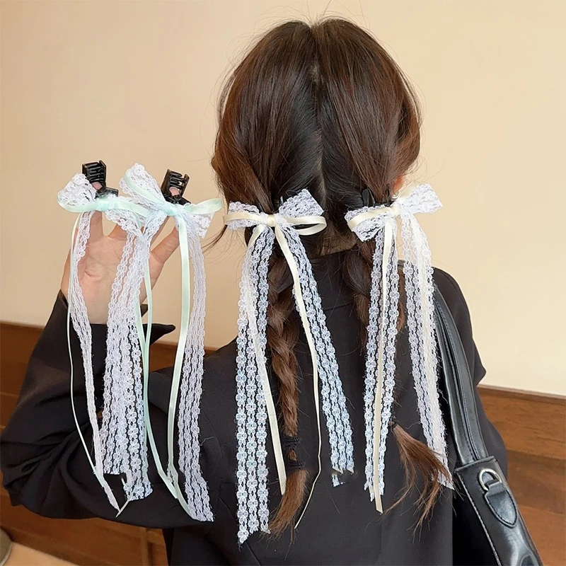 Braided Bows Long Tassel Lace Hair Clips Ribbons Hairpin Sweet Ponytails Cute Headwear Fashionable Hair Accessories