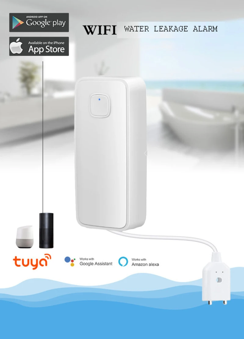 Sensor de fugas de nivel de agua WIFI, Detector de alarma, sistema de seguridad de desbordamiento, funciona con Smart Home