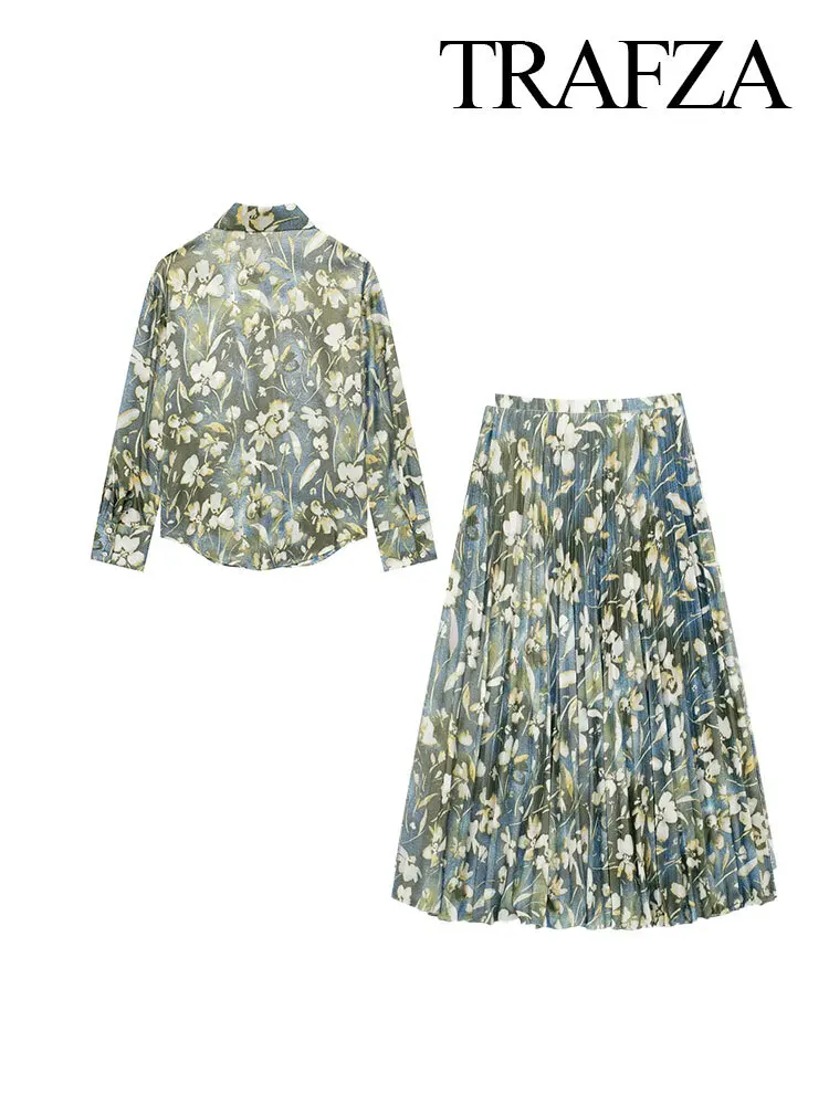 New Female Elegant Metallic Flower Print Set Long Sleeves Shirt+Midi Pleated High Waist Skirt 2024 Spring