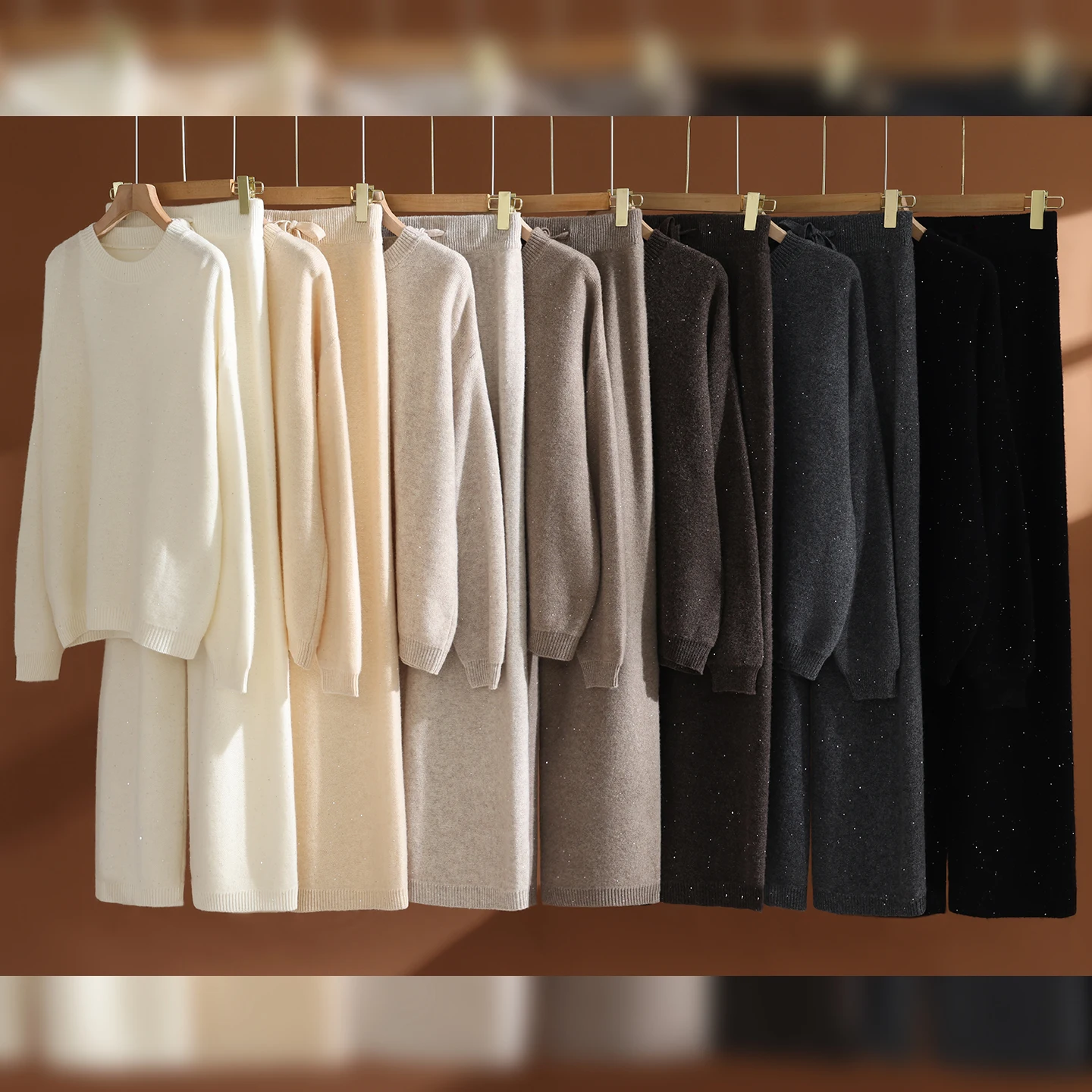 Women 100% Wool Knit O-neck Pullover Sweater Wide Leg Pants Set Autumn Winter Casual Sequin Dropping Shoulder Cashmere Knitwear