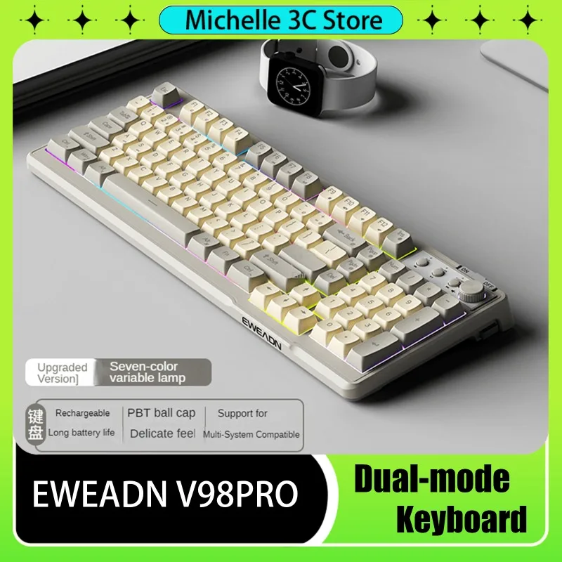 

EWEADN V98PRO 98keys Dual-mode Non-mechanical Keyboard Bluetooth5.0/2.4GHz 98Layout RGB Musical Rhythm PBT keycap E-sports game