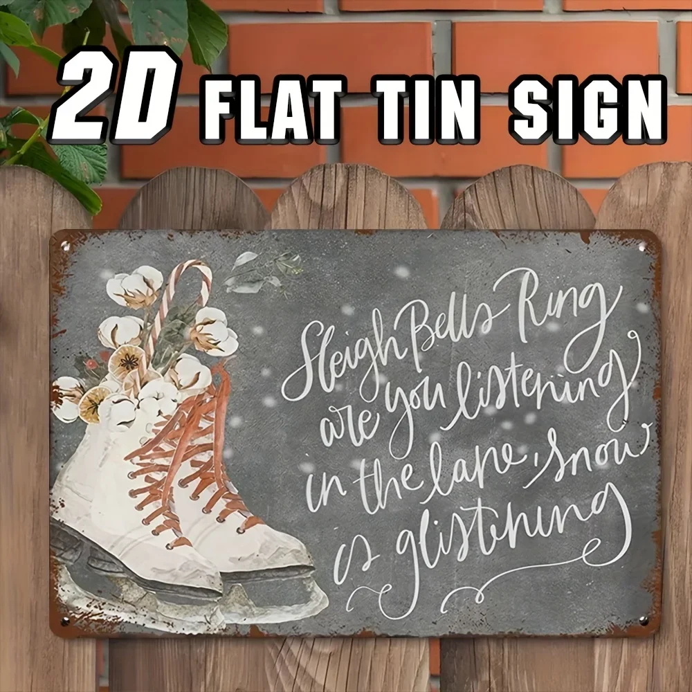 Vintage Metal Christmas Tin Sign - Farmhouse Wall Decor with Sleigh Bells Skating Art Holiday Home Decor