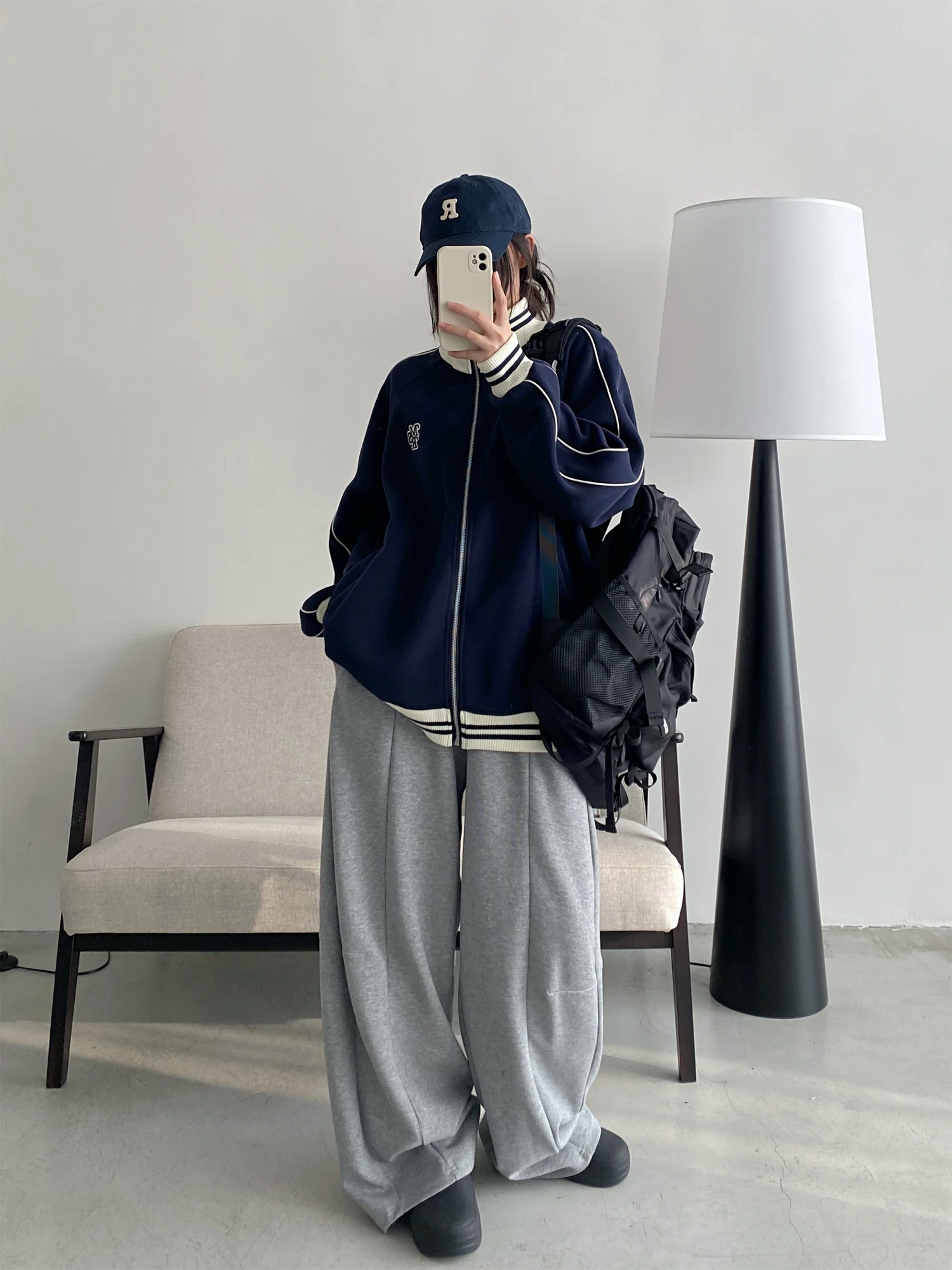 กางเกงกีฬาผู้หญิงทรงหลวม สไตล์สบายๆ ช่วยพรางหุ่น ทรงโค้งมน ขากว้าง เอวสูง ขายาว