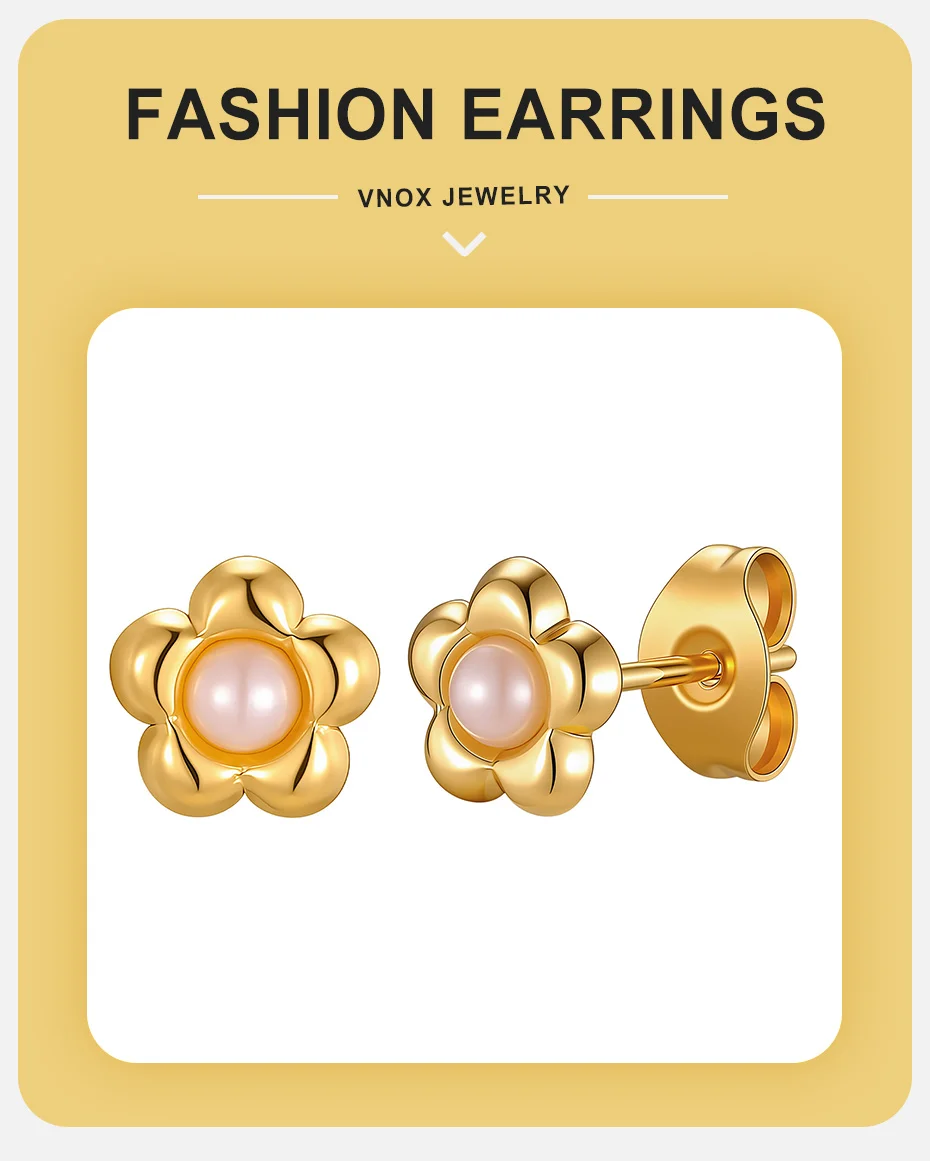 Vnox Minimalistische Vergoldete Imitationsperlen-Ohrstecker für Damen, Exquisite Edelstahl-Blumenohrringe, Schmuck für Party und Alltag – Detail 1