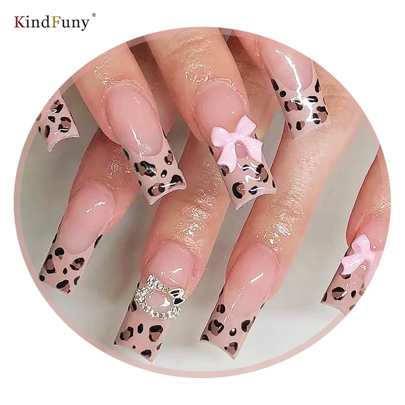 24Pcs Leopard Print Design False Nails with Bow Rhinestone Square Press on Nails Wearable French Ballet Fake Nail Tips