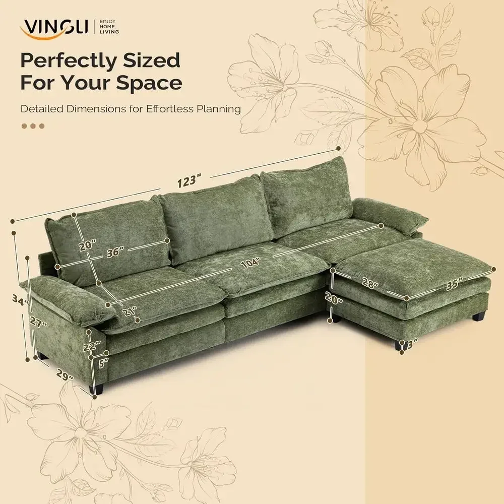 Olive Green Chenille 122 Double-Layer Convertible Sectional Sofa with Ottoman for Comfortable Living Rooms