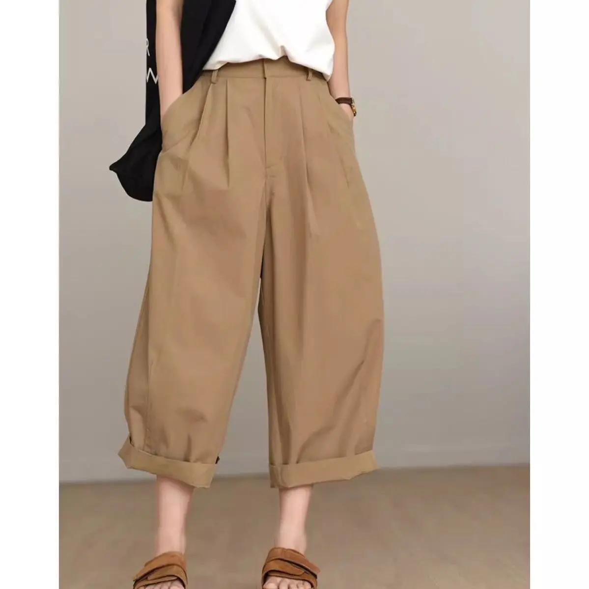 Calças de trabalho de perna larga femininas verão solto versátil calças casuais cintura alta nove centes calças