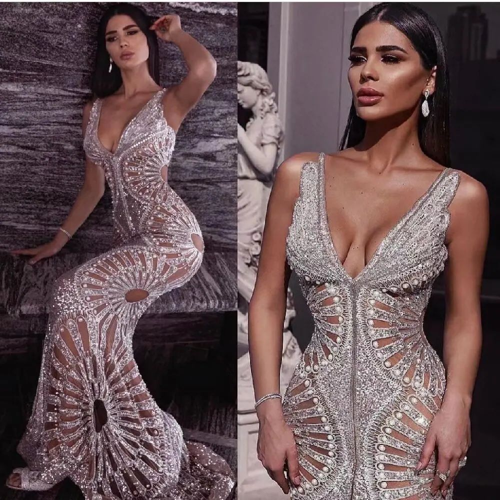 

Senior Elegant Design Sense Gown Sexy V-Neck Embroidered Flares Flash Sequins Evening Party Clothing Chic Maxi Dress For Women