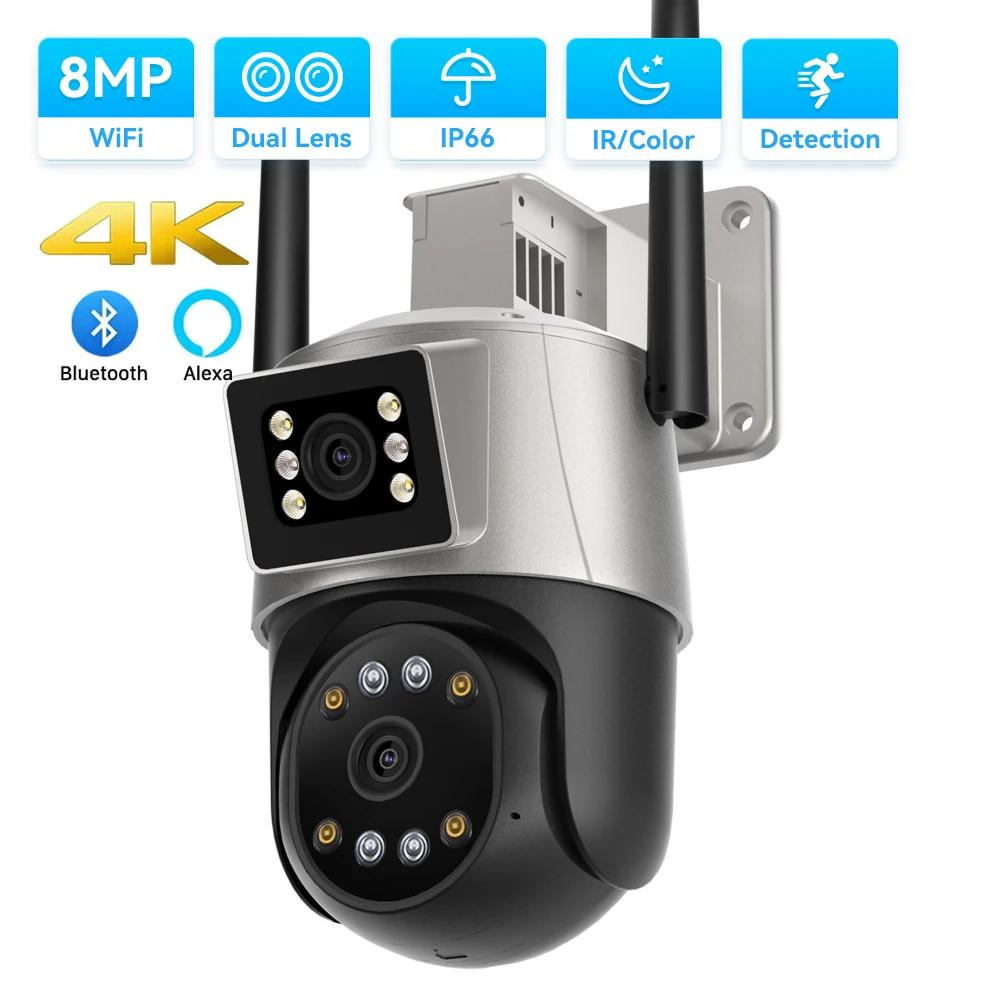 

8MP 4K PTZ WIFI IP Camera Dual Lens Dual Screens Ai Human Detect Night Vision Outdoor CCTV Surveillance Camera ICsee