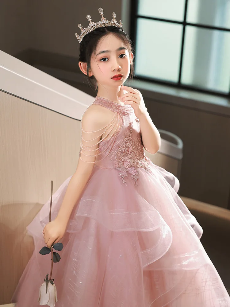 High-end Girl Princess Skirt Children'S Dress Runway Show Host Piano Festival Performance Dress Lace Pompous Gauze Skirt Dress