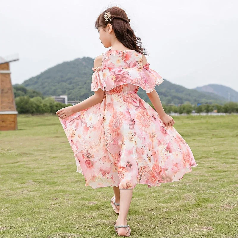 Vestido longo com padrão floral para meninas, novo vestido de verão para crianças de 5, 6, 8, 9, 10 e 11 anos